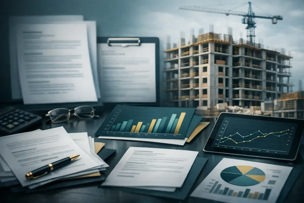 Documentos de empreendimento organizados sobre mesa, representando a estruturação da FRE para análise da Caixa