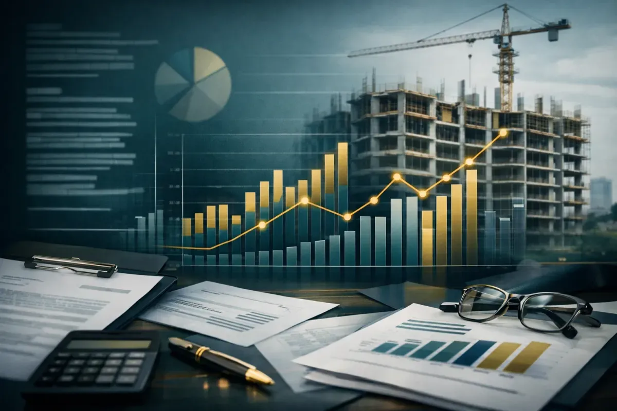 Equipe analisando plantas e documentação de obra em ambiente corporativo para enquadramento da construtora