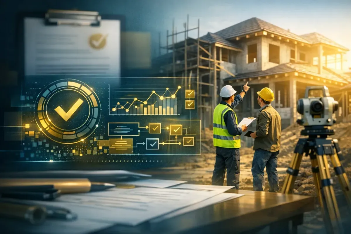 Profissionais revisando plantas de obra e documentação, representando qualidade e conformidade na construção civil