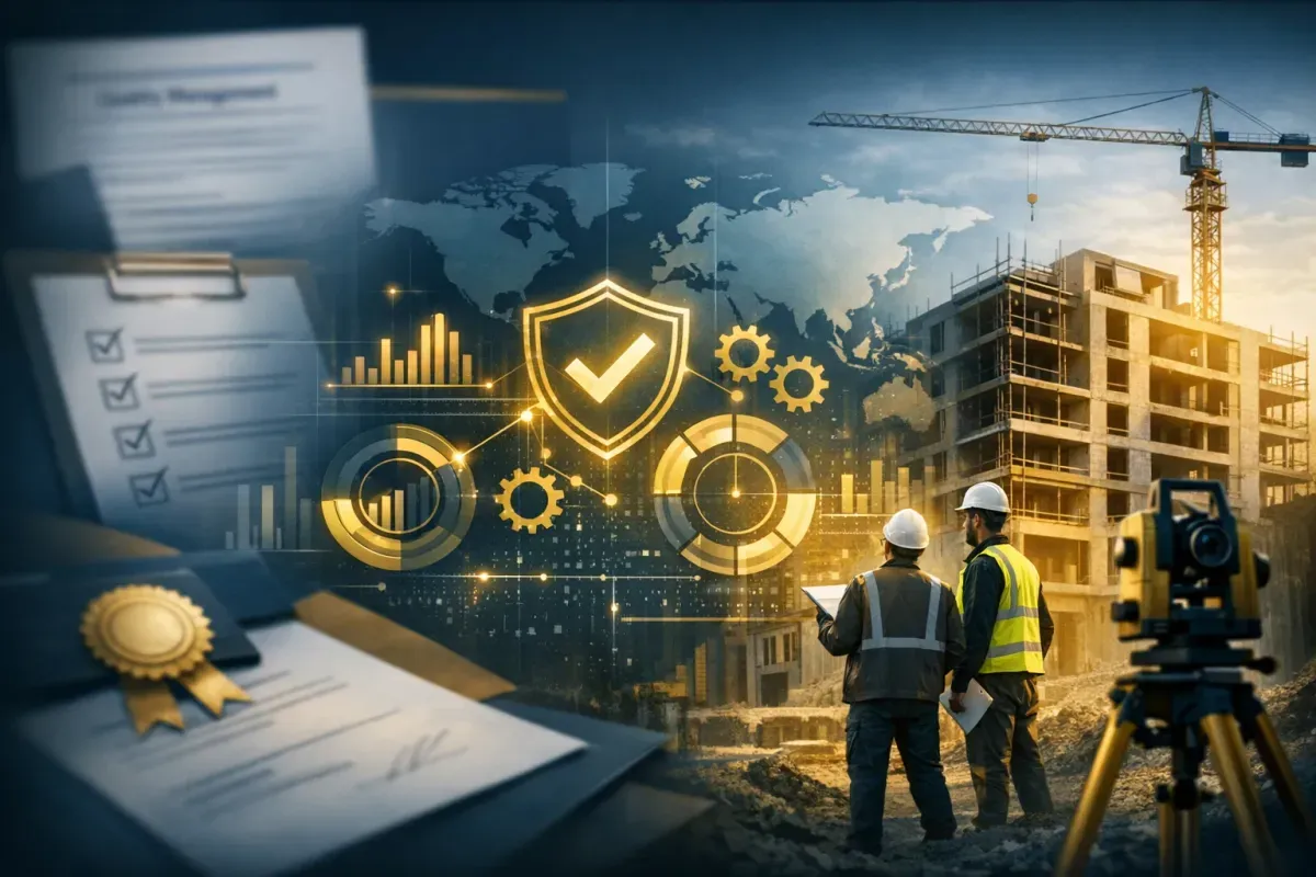 Equipe técnica revisando documentos e plantas para preparação de certificação de qualidade em construtora
